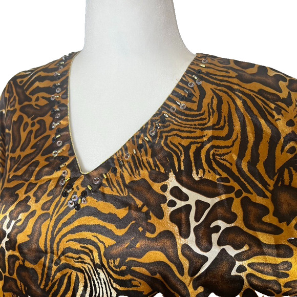 Luxell Kaftan House Dress OS Satin Beads Animal Tiger Zebra Cheetah Print Cover - Picture 3 of 6